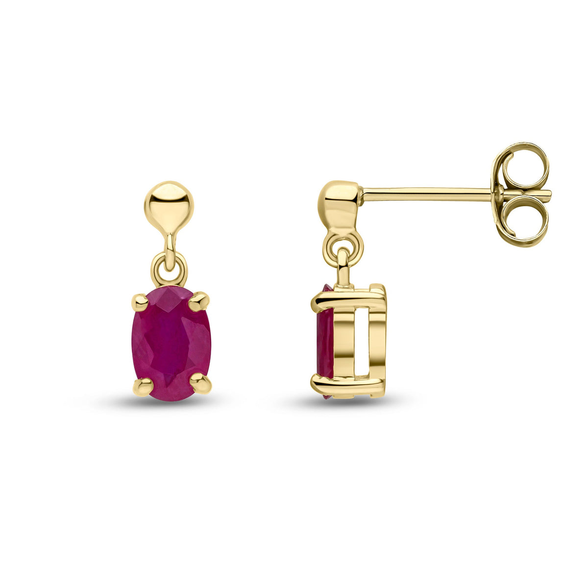 9ct Yellow Gold Oval Natural Ruby Claw Drop Earrings with Bead Top — 6x4mm