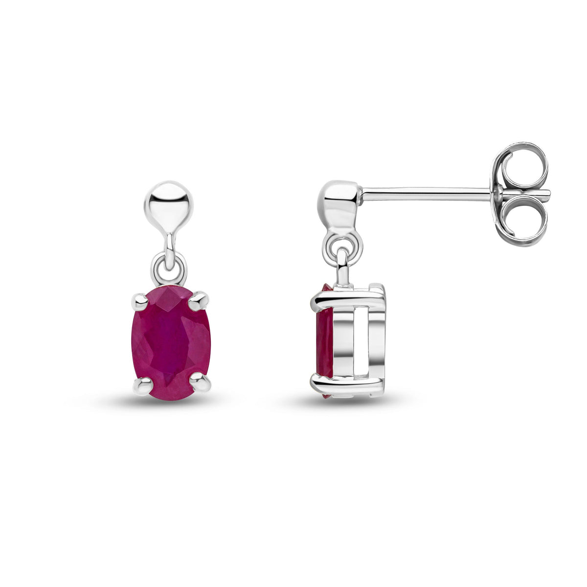 9ct White Gold Oval Natural Ruby Claw Drop Earrings with Bead Top — 6x4mm