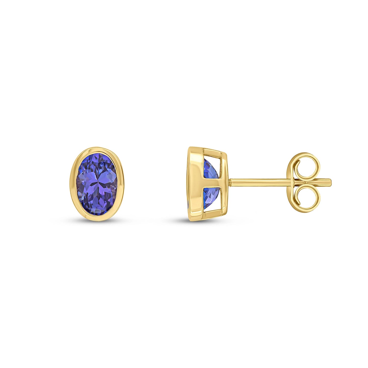 9ct Yellow Gold Oval Natural Tanzanite Rubover Stud Earrings — 6x4mm