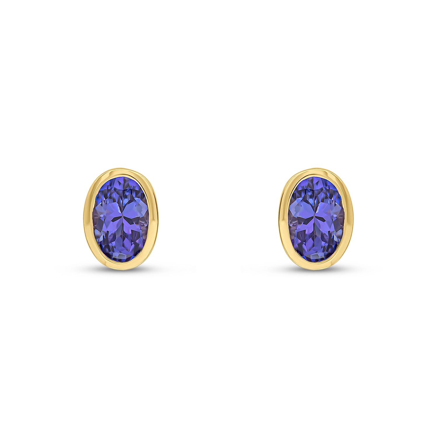 9ct Yellow Gold Oval Natural Tanzanite Rubover Stud Earrings — 6x4mm