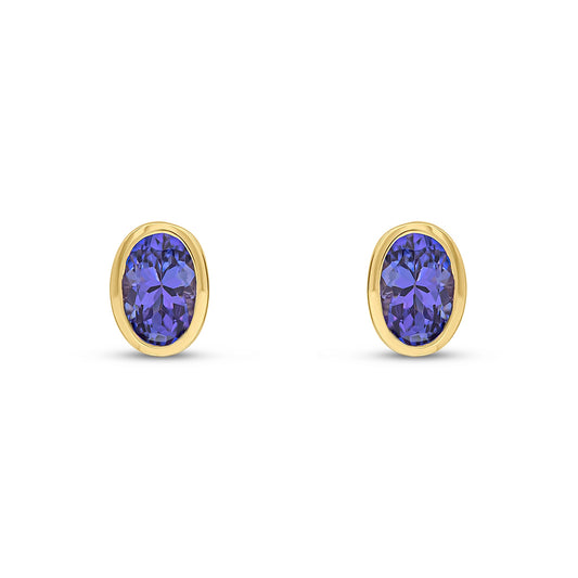 9ct Yellow Gold Oval Natural Tanzanite Rubover Stud Earrings — 6x4mm