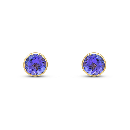 9ct Yellow Gold Round Natural Tanzanite Rubover Stud Earrings — 5mm