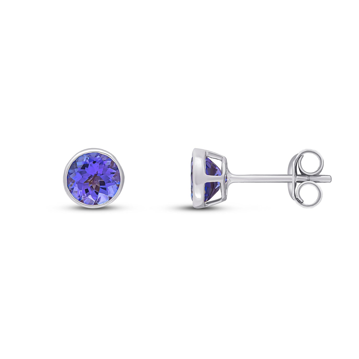 9ct White Gold Round Natural Tanzanite Rubover Stud Earrings — 5mm