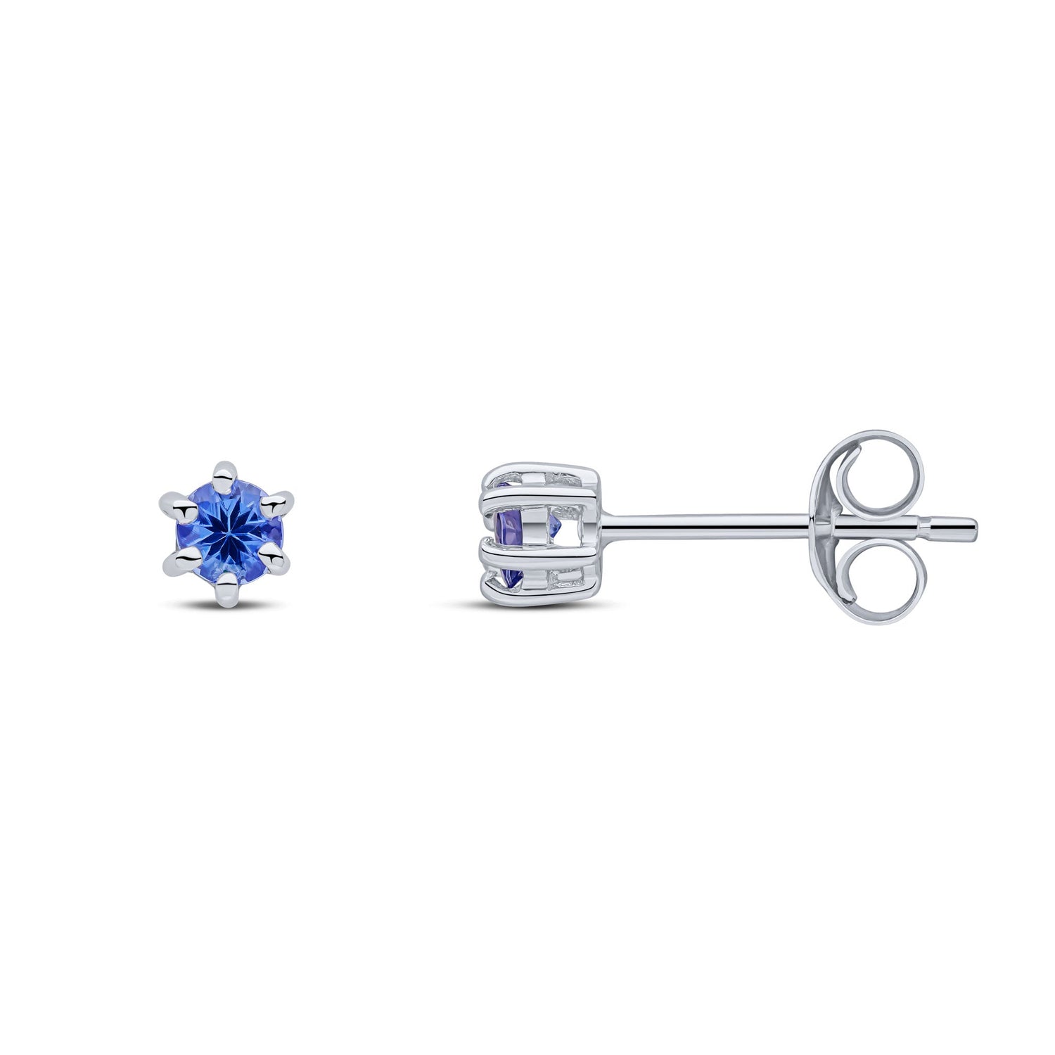9ct White Gold Round Natural Tanzanite Six Claw Stud Earrings — 3mm