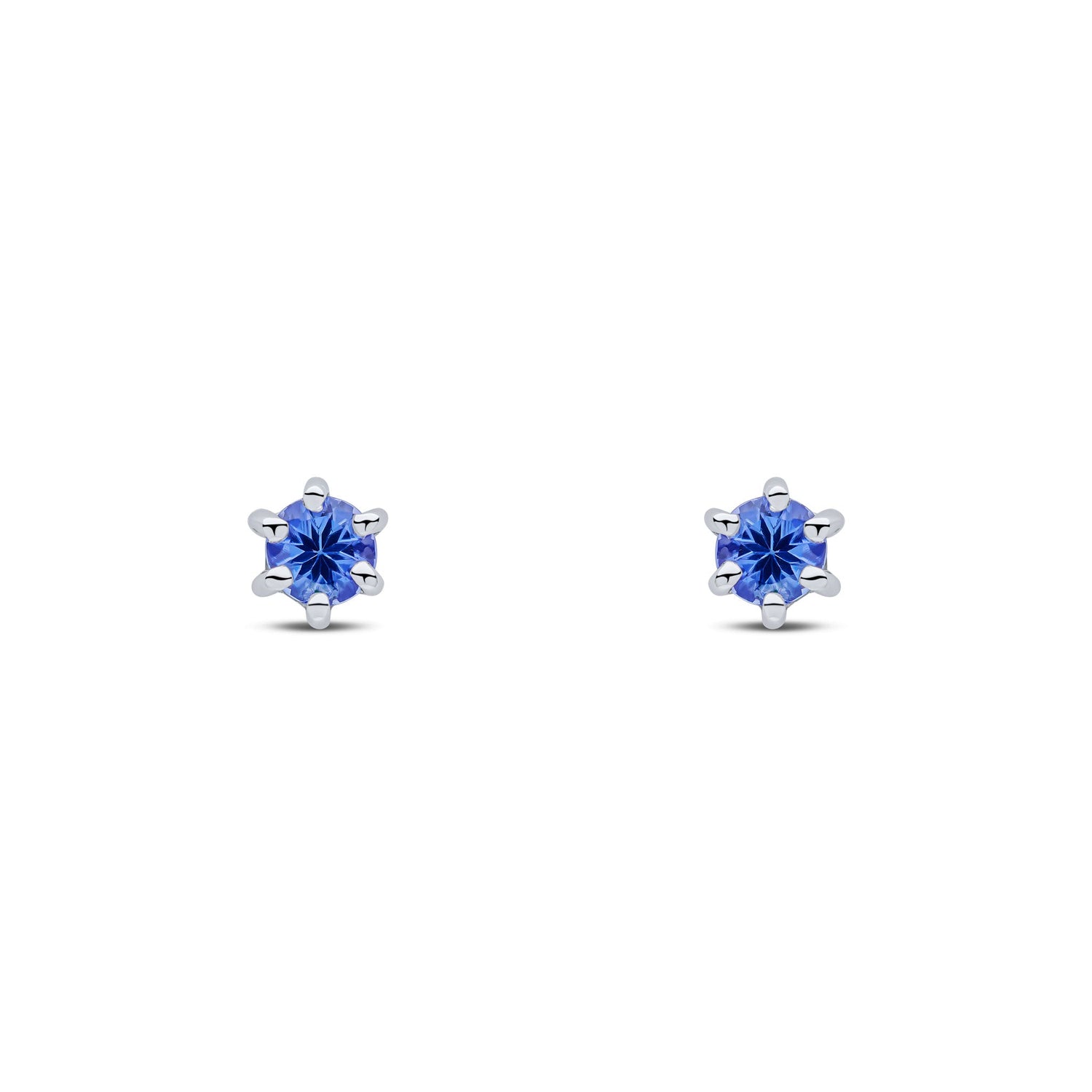 9ct White Gold Round Natural Tanzanite Six Claw Stud Earrings — 3mm