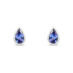 9ct White Gold Pear Shaped Natural Tanzanite Rubover Stud Earrings — 5x3mm