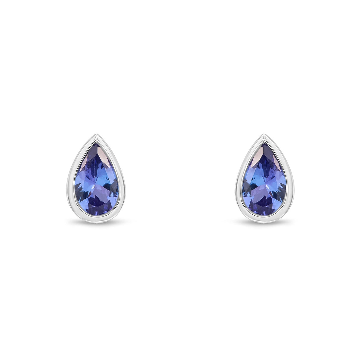 9ct White Gold Pear Shaped Natural Tanzanite Rubover Stud Earrings — 5x3mm