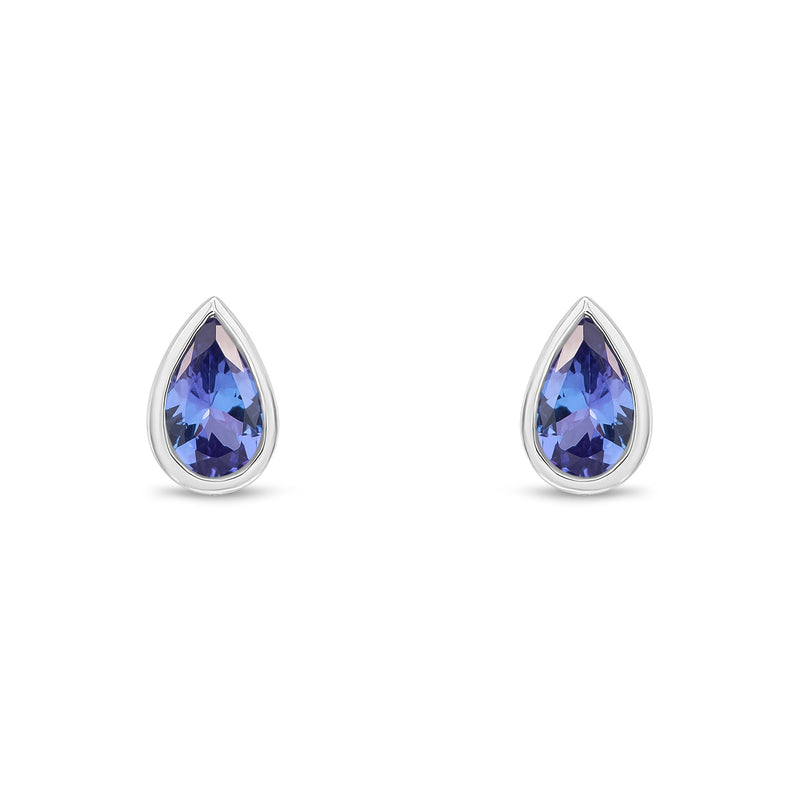 9ct White Gold Pear Shaped Natural Tanzanite Rubover Stud Earrings — 5x3mm