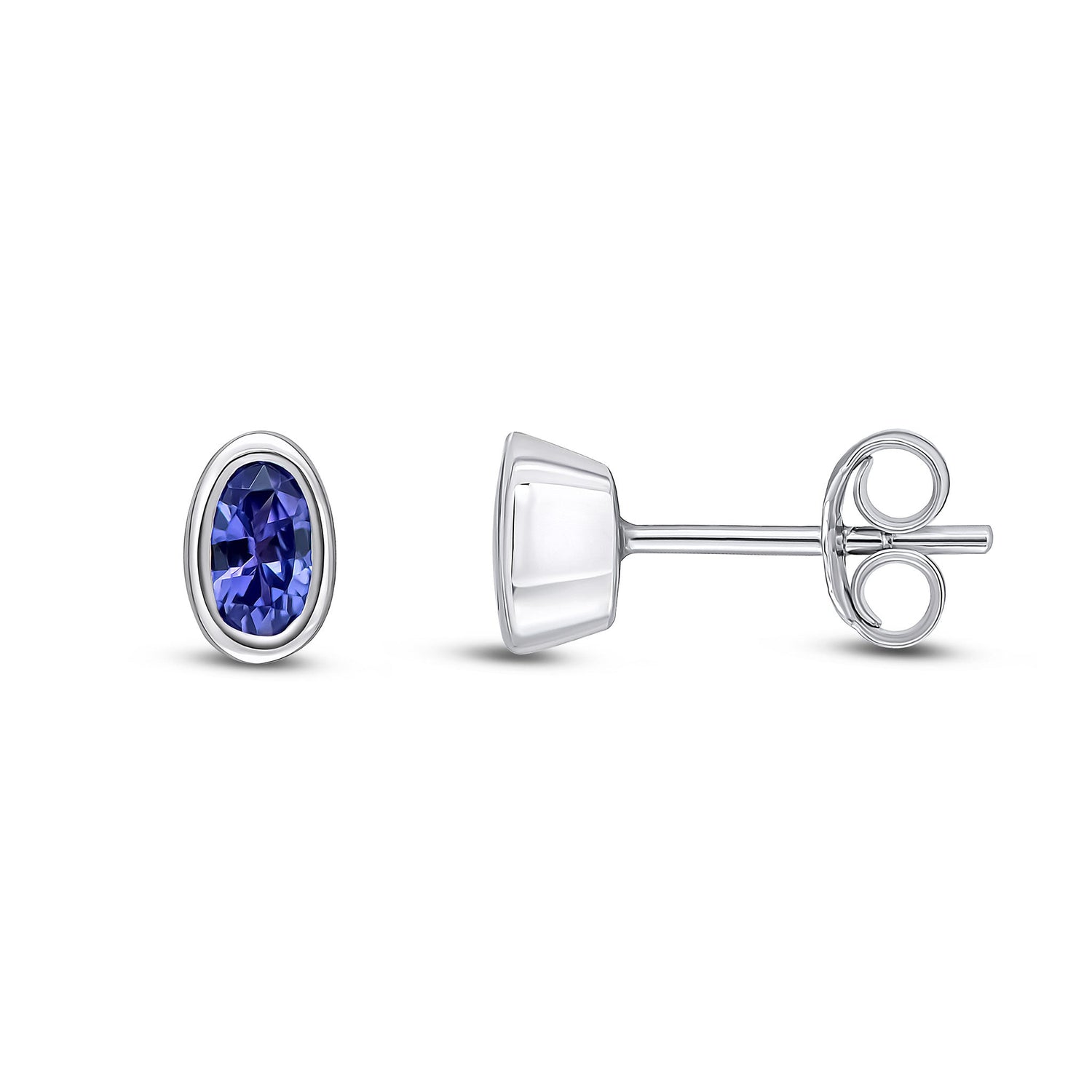 9ct White Gold Oval Natural Tanzanite Rubover Stud Earrings — 5x3mm