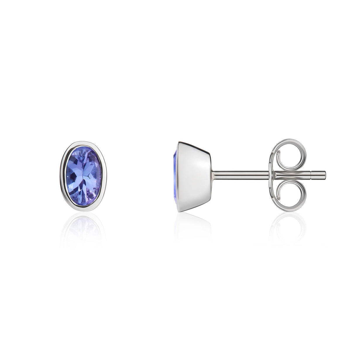 9ct White Gold Oval Natural Tanzanite Rubover Stud Earrings — 4x3mm