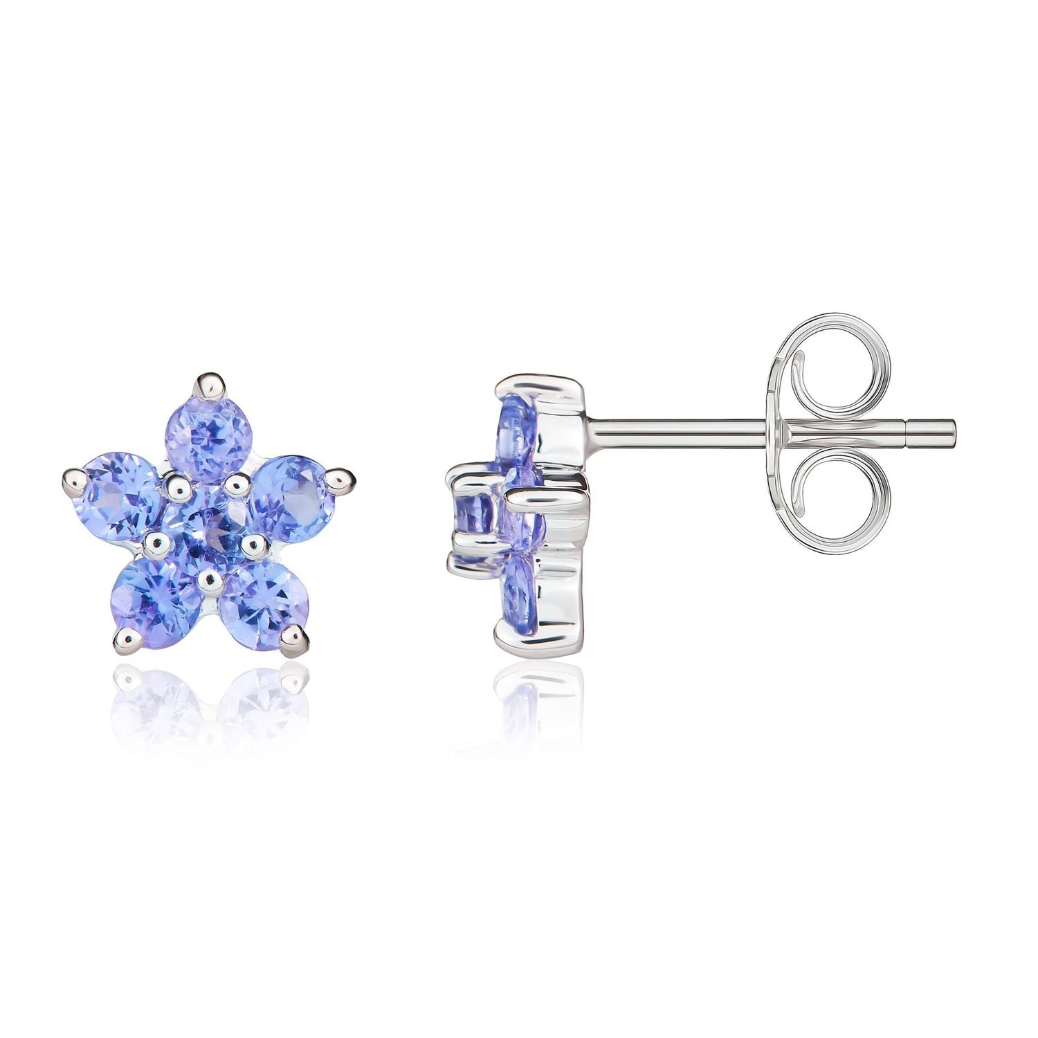 9ct White Gold Round Natural Tanzanite 6 Stone Flower Cluster Stud Earrings — 2mm