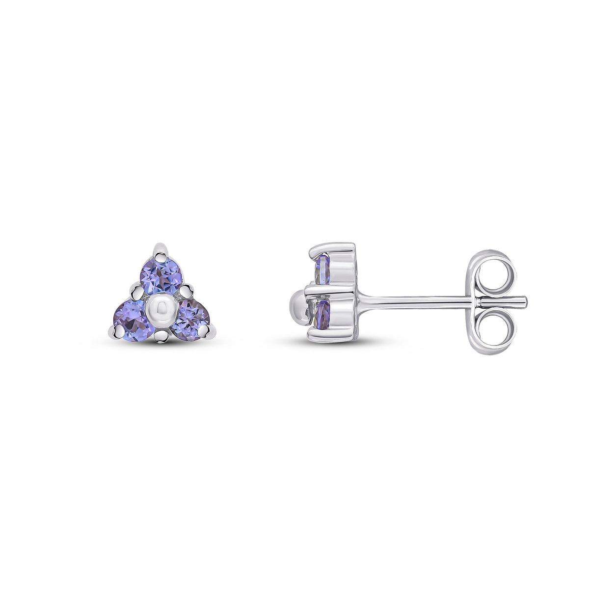 9ct White Gold Round Natural Tanzanite Trefoil Claw Stud Earrings