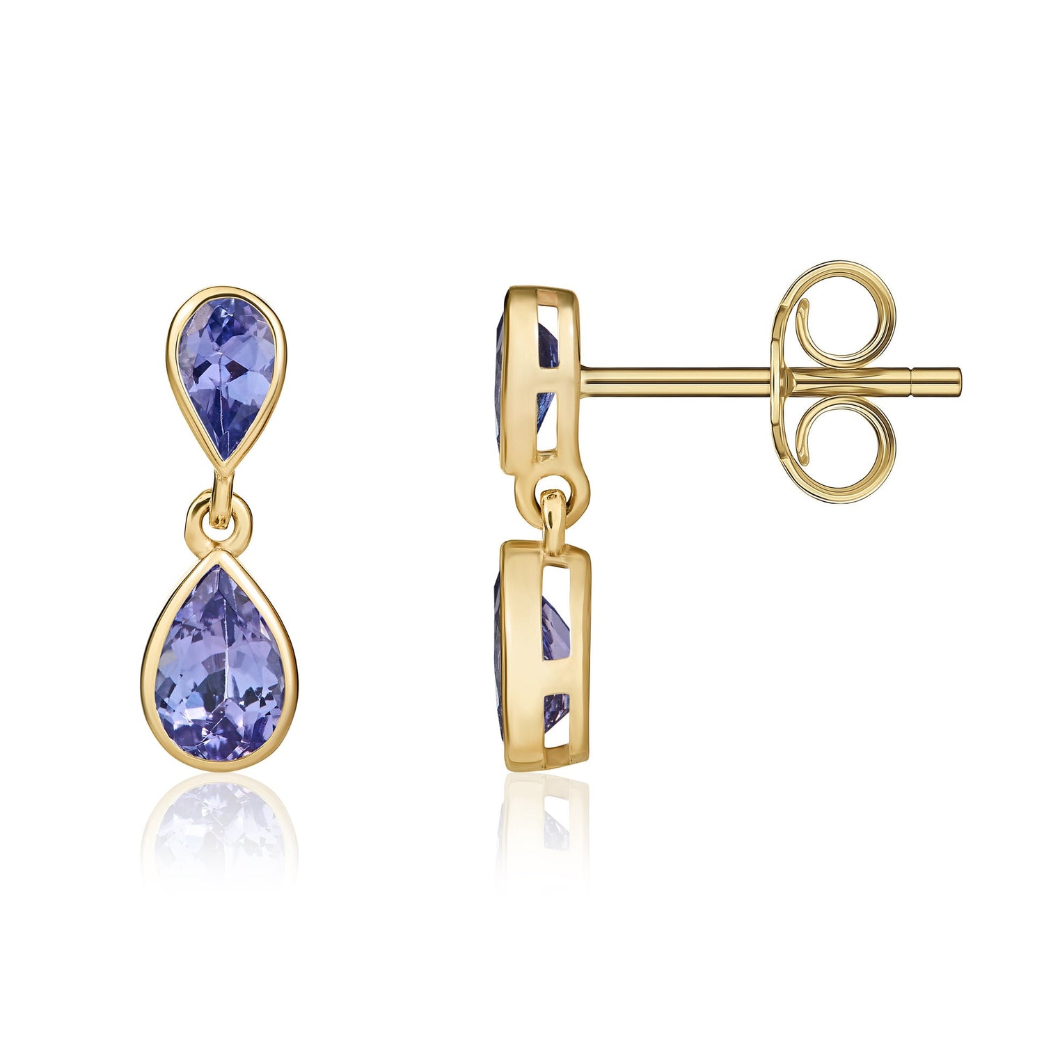 9ct Yellow Gold Pear Shaped Natural Tanzanite Two Stone Rubover Drop Earrings