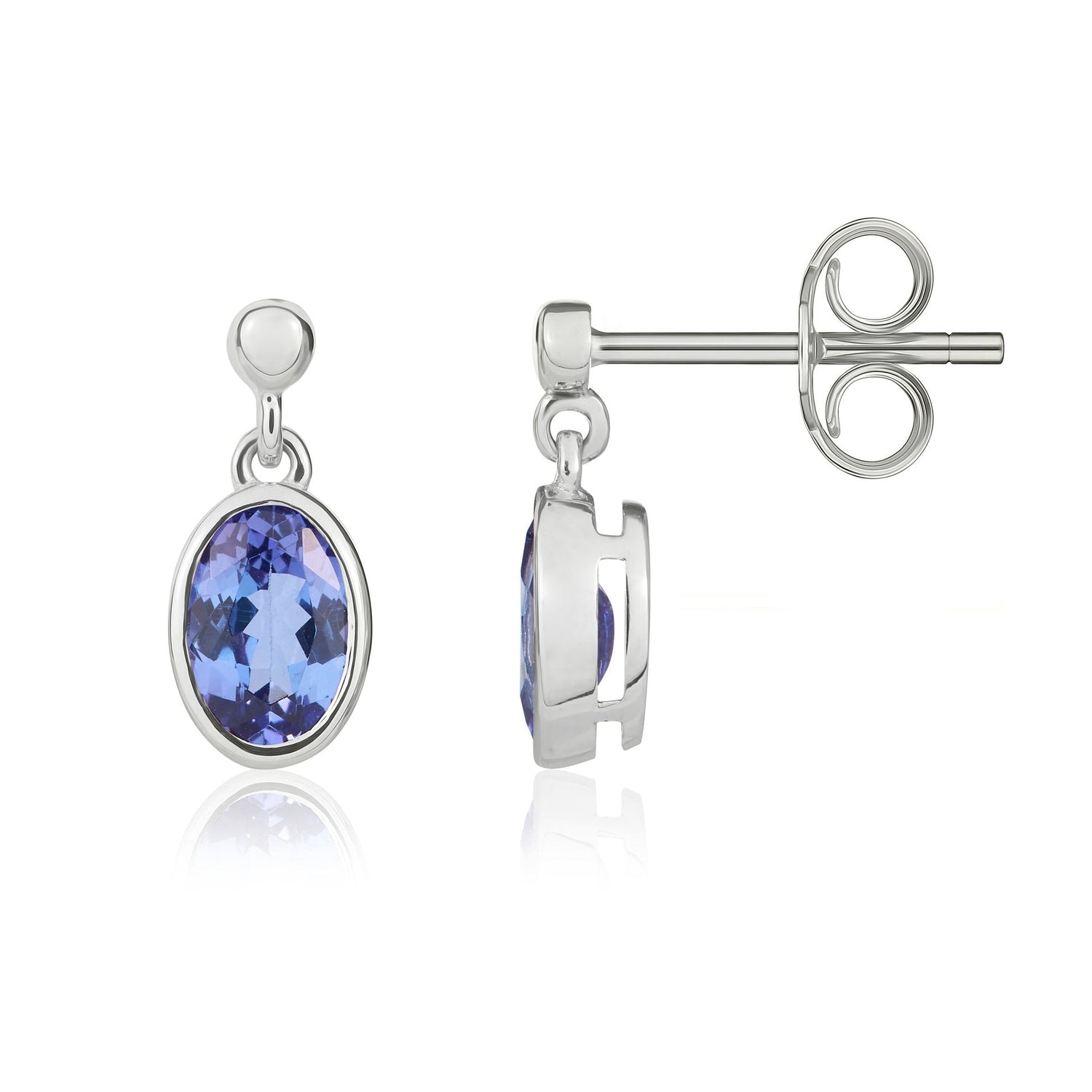 9ct White Gold Oval Natural Tanzanite Drop Earrings — 6x4mm