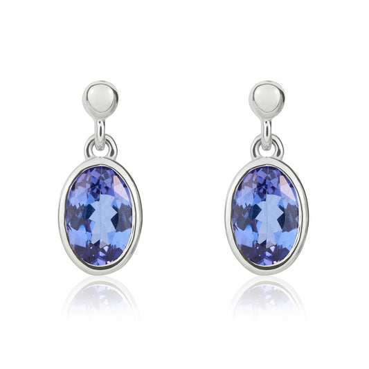 9ct White Gold Oval Natural Tanzanite Rubover Drop Earrings — 7x5mm