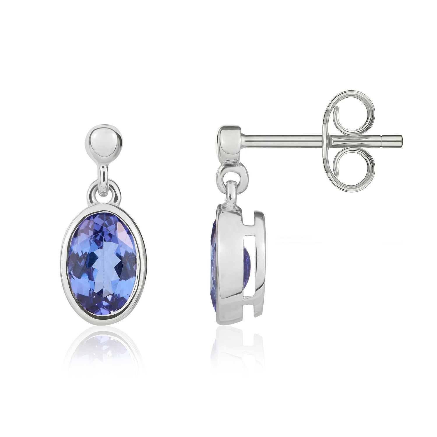 9ct White Gold Oval Natural Tanzanite Rubover Drop Earrings with Bead Top — 7x5mm