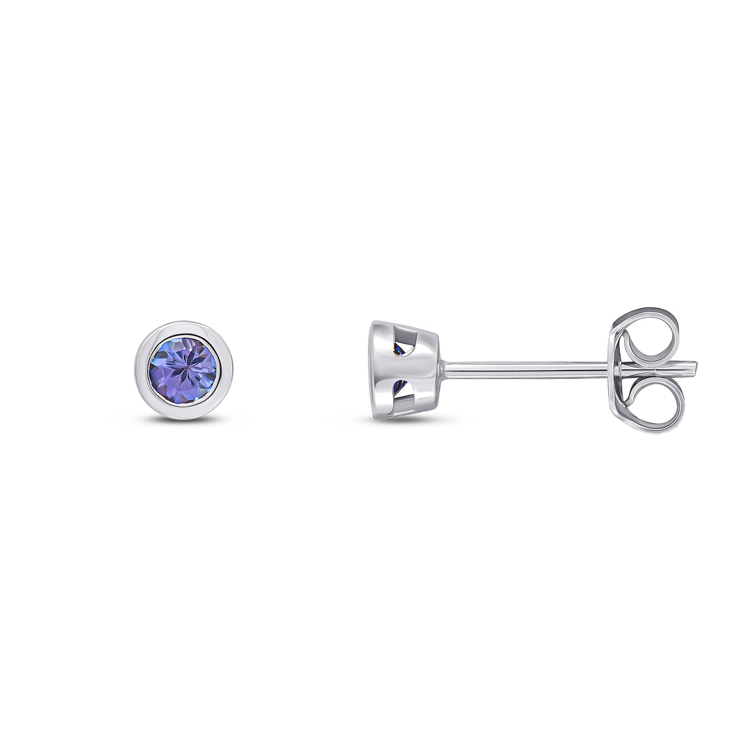 9ct White Gold Round Natural Tanzanite Rubover Stud Earrings — 3mm