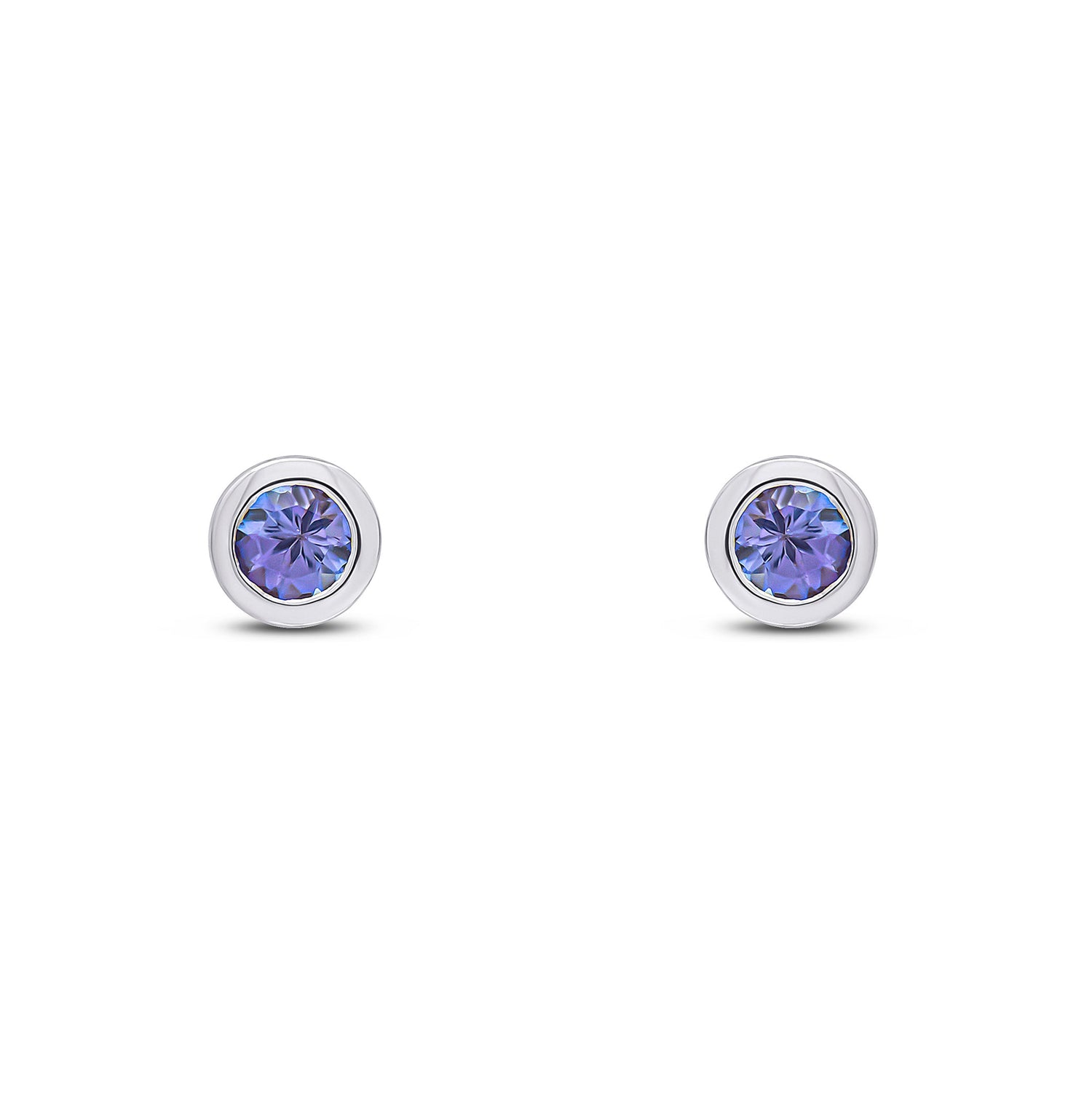 9ct White Gold Round Natural Tanzanite Rubover Stud Earrings — 3mm