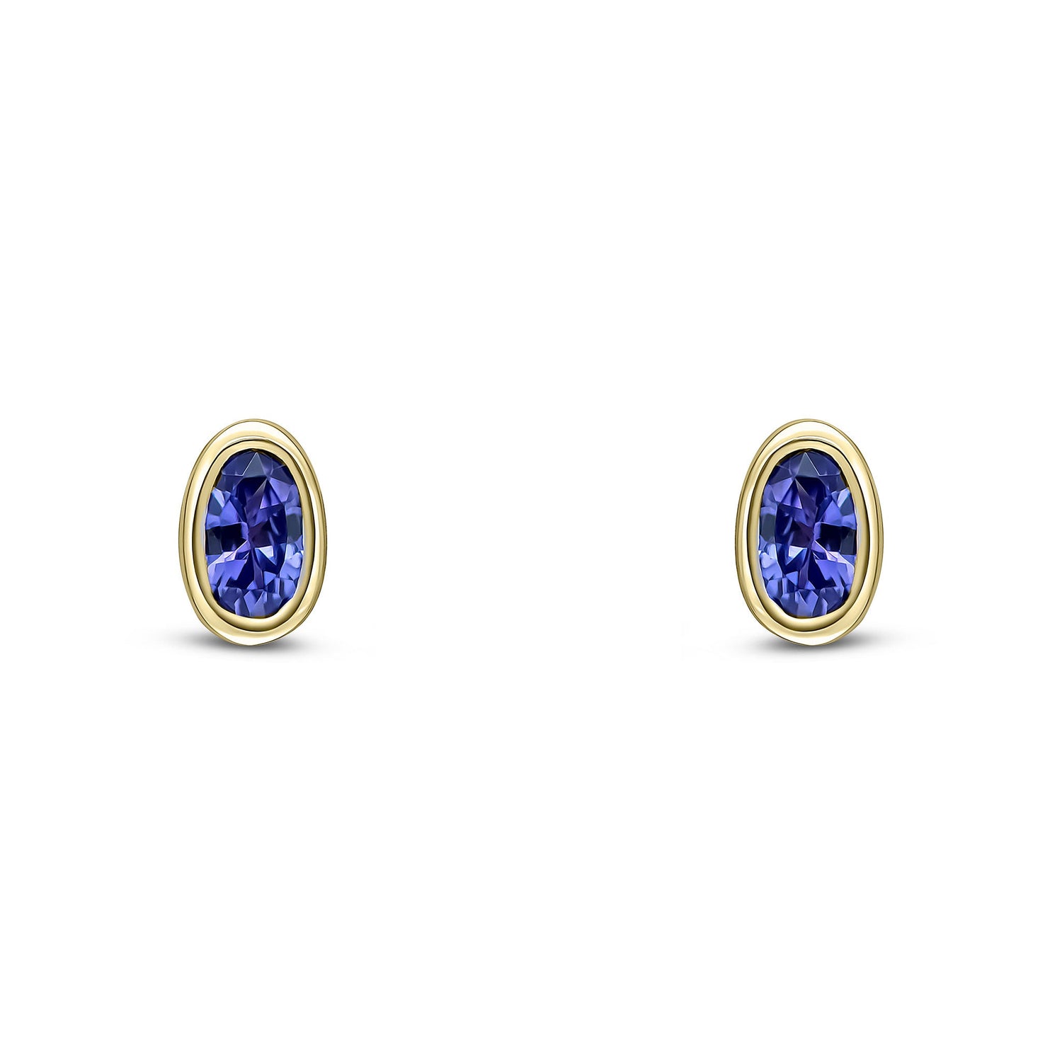 9ct Yellow Gold Oval Natural Tanzanite Rubover Stud Earrings — 5x3mm