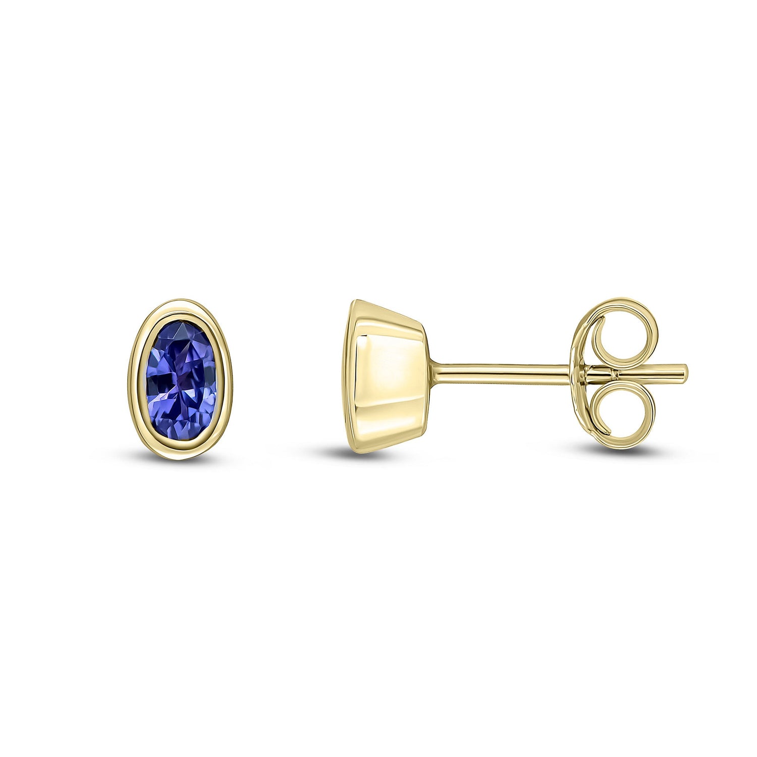 9ct Yellow Gold Oval Natural Tanzanite Rubover Stud Earrings — 5x3mm