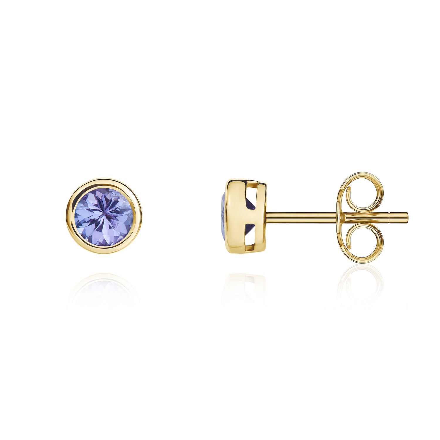 9ct Yellow Gold Round Natural Tanzanite Stud Earrings — 4mm
