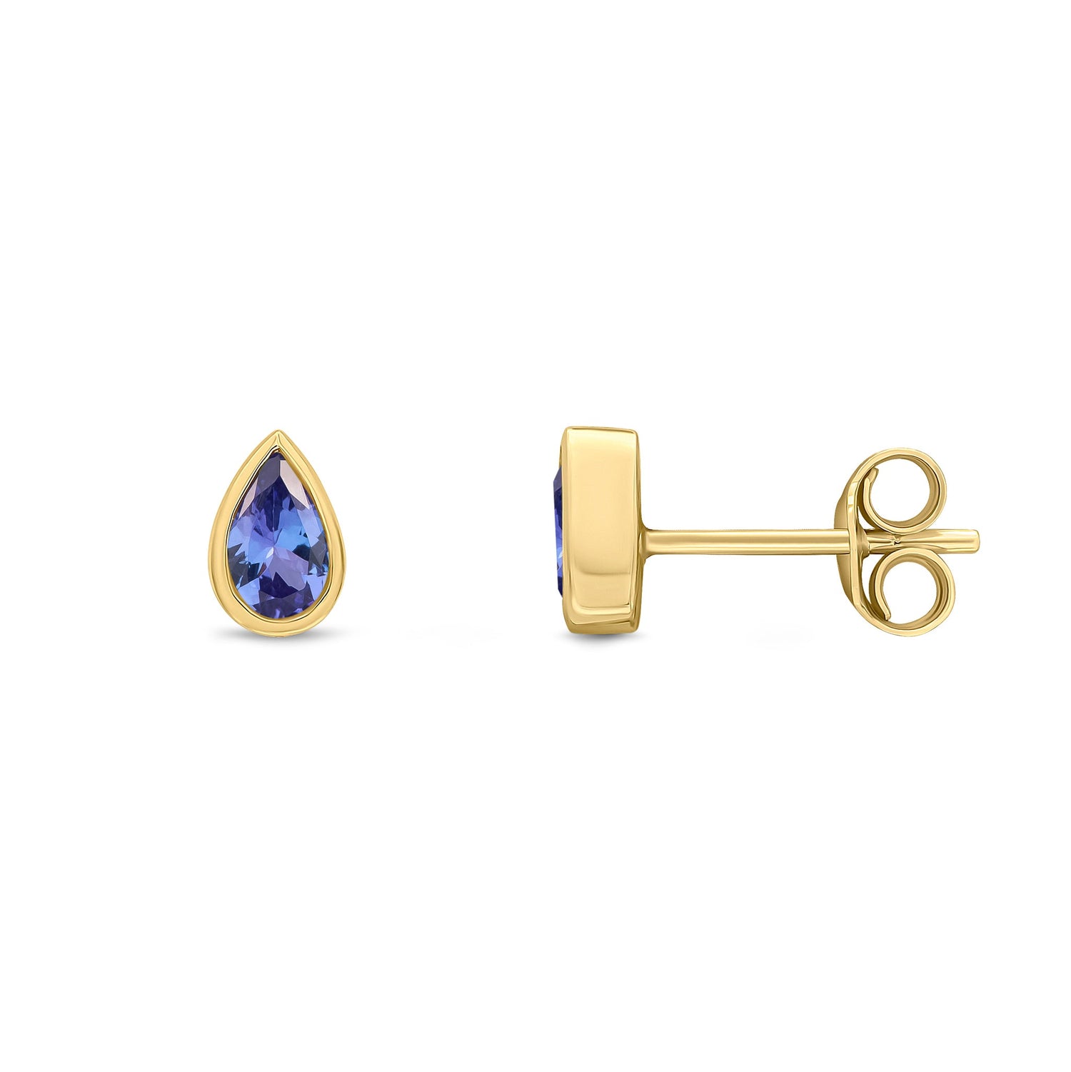 9ct Yellow Gold Pear Shaped Natural Tanzanite Rubover Stud Earrings — 5x3mm