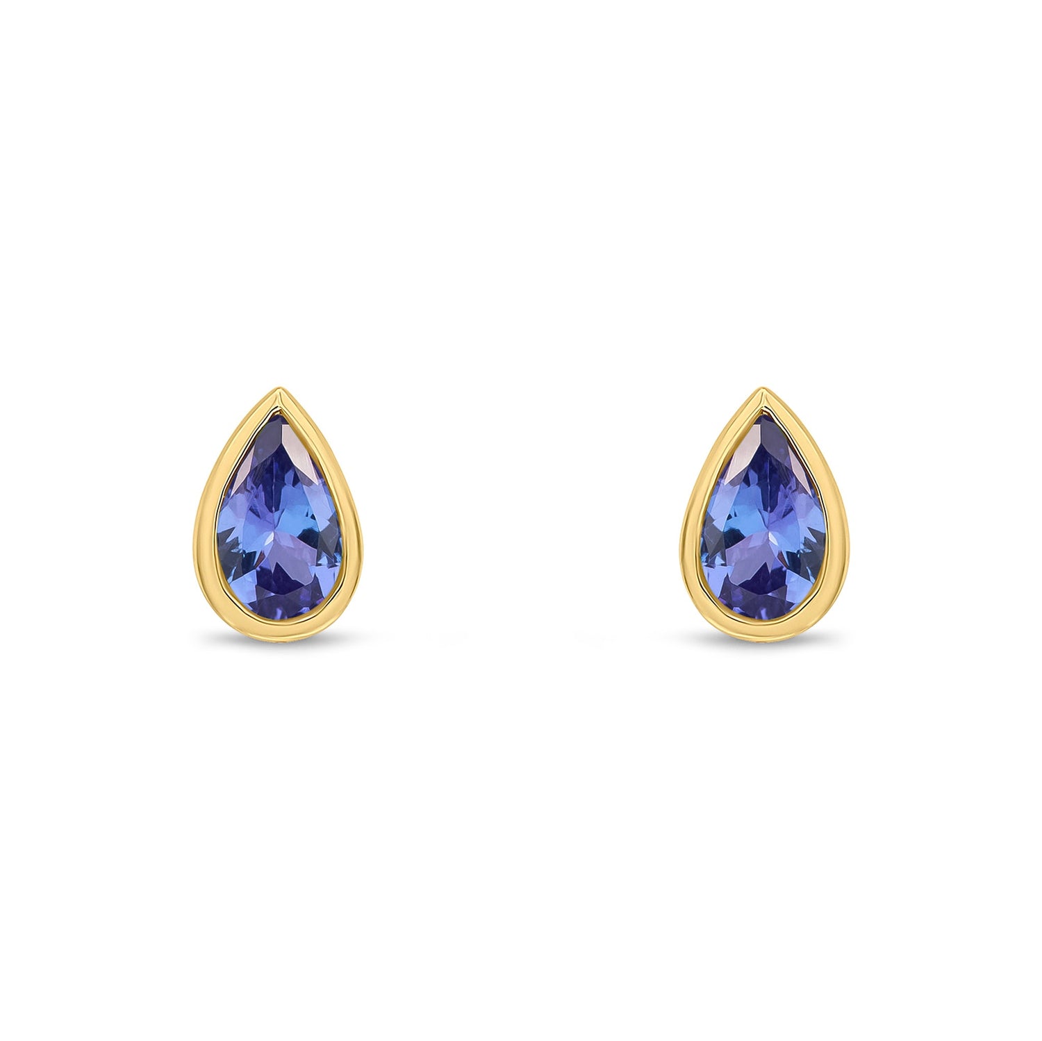 9ct Yellow Gold Pear Shaped Natural Tanzanite Rubover Stud Earrings — 5x3mm
