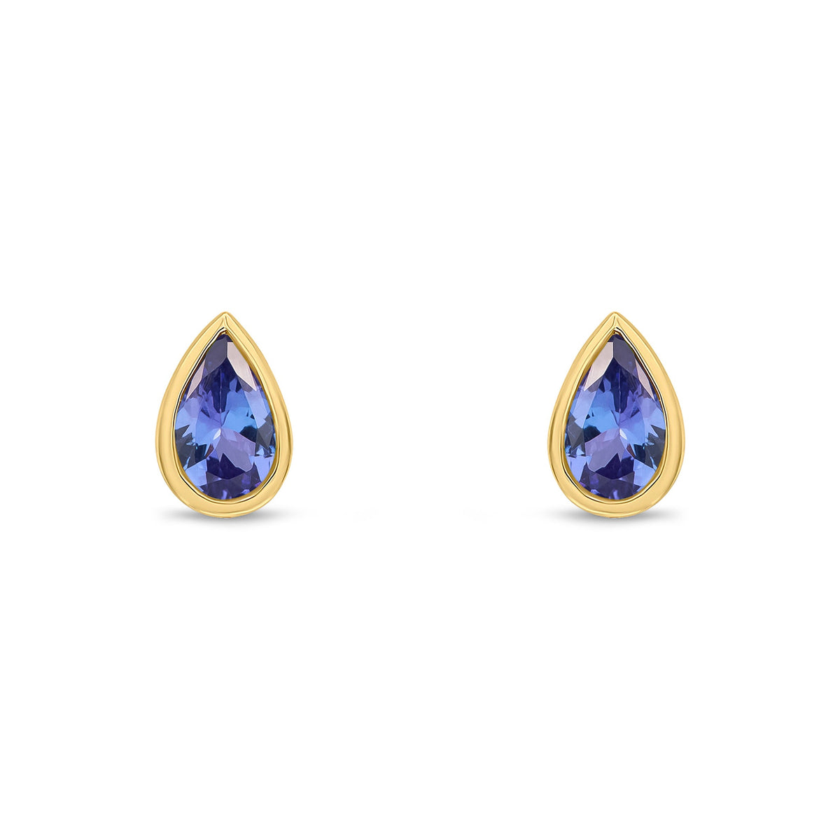 9ct Yellow Gold Pear Shaped Natural Tanzanite Rubover Stud Earrings — 5x3mm