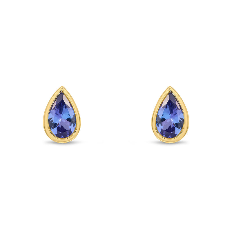 9ct Yellow Gold Pear Shaped Natural Tanzanite Rubover Stud Earrings — 5x3mm