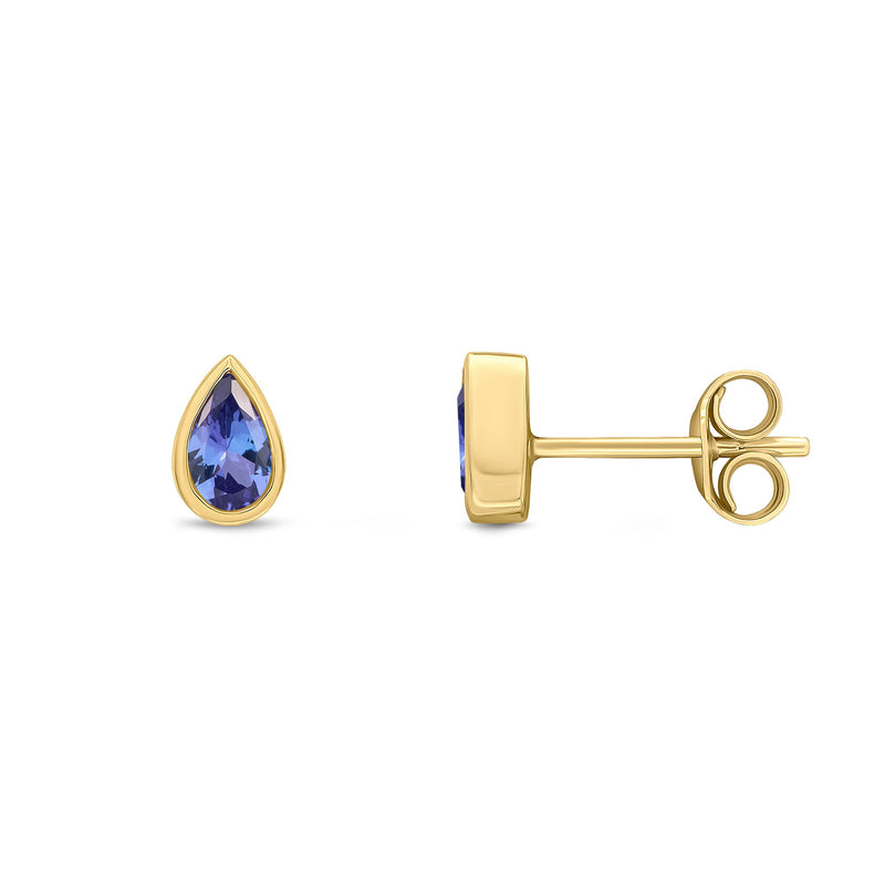 9ct Yellow Gold Pear Shaped Natural Tanzanite Rubover Stud Earrings — 5x3mm