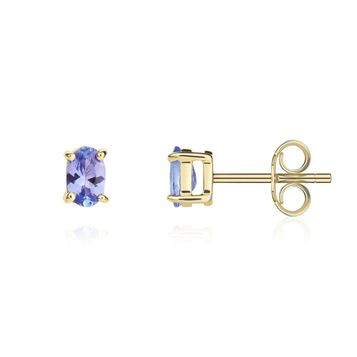 9ct Yellow Gold Oval Natural Tanzanite Claw Stud Earrings — 5x3mm