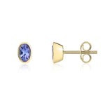 9ct Yellow Gold Oval Natural Tanzanite Rubover Stud Earrings — 4x3mm