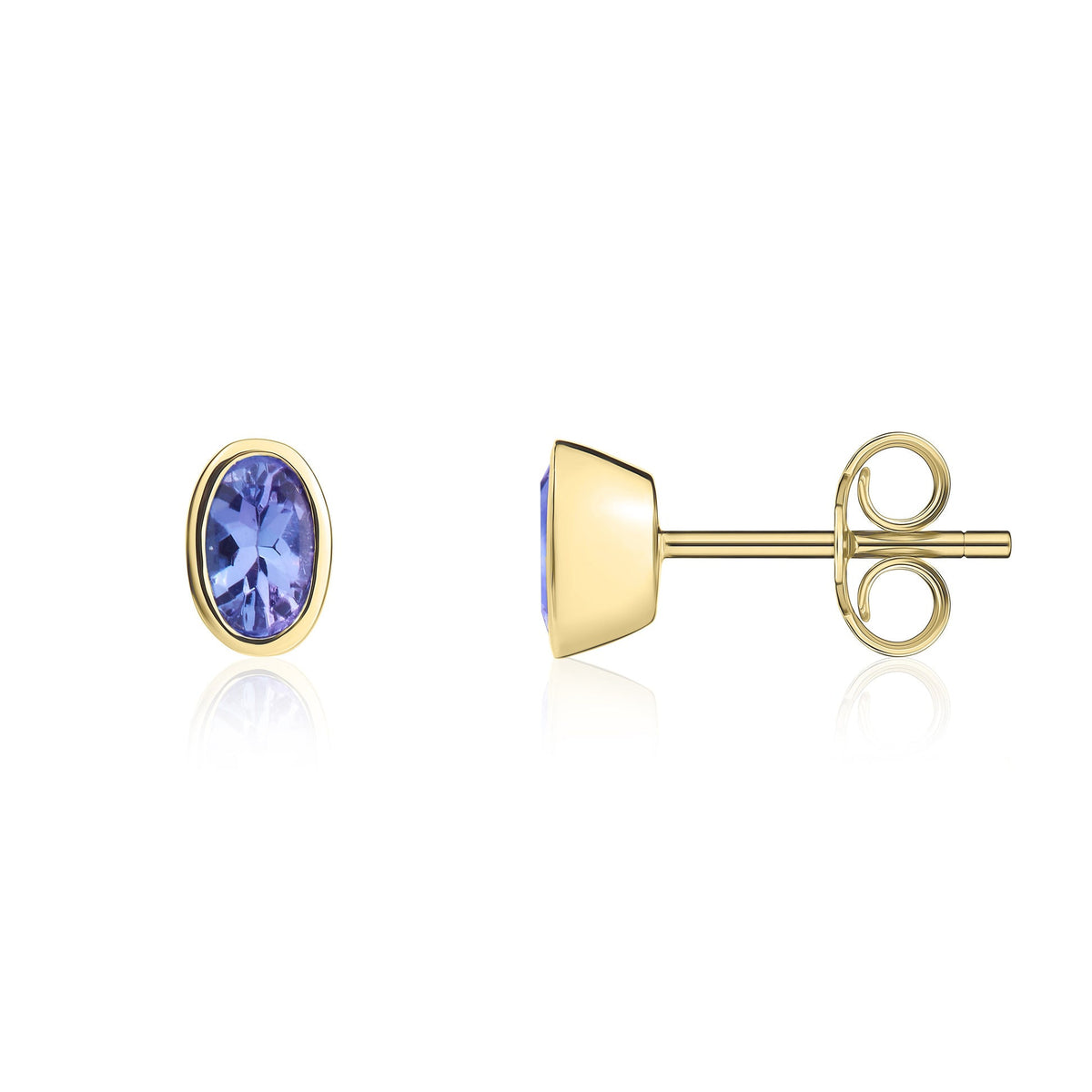 9ct Yellow Gold Oval Natural Tanzanite Rubover Stud Earrings — 4x3mm