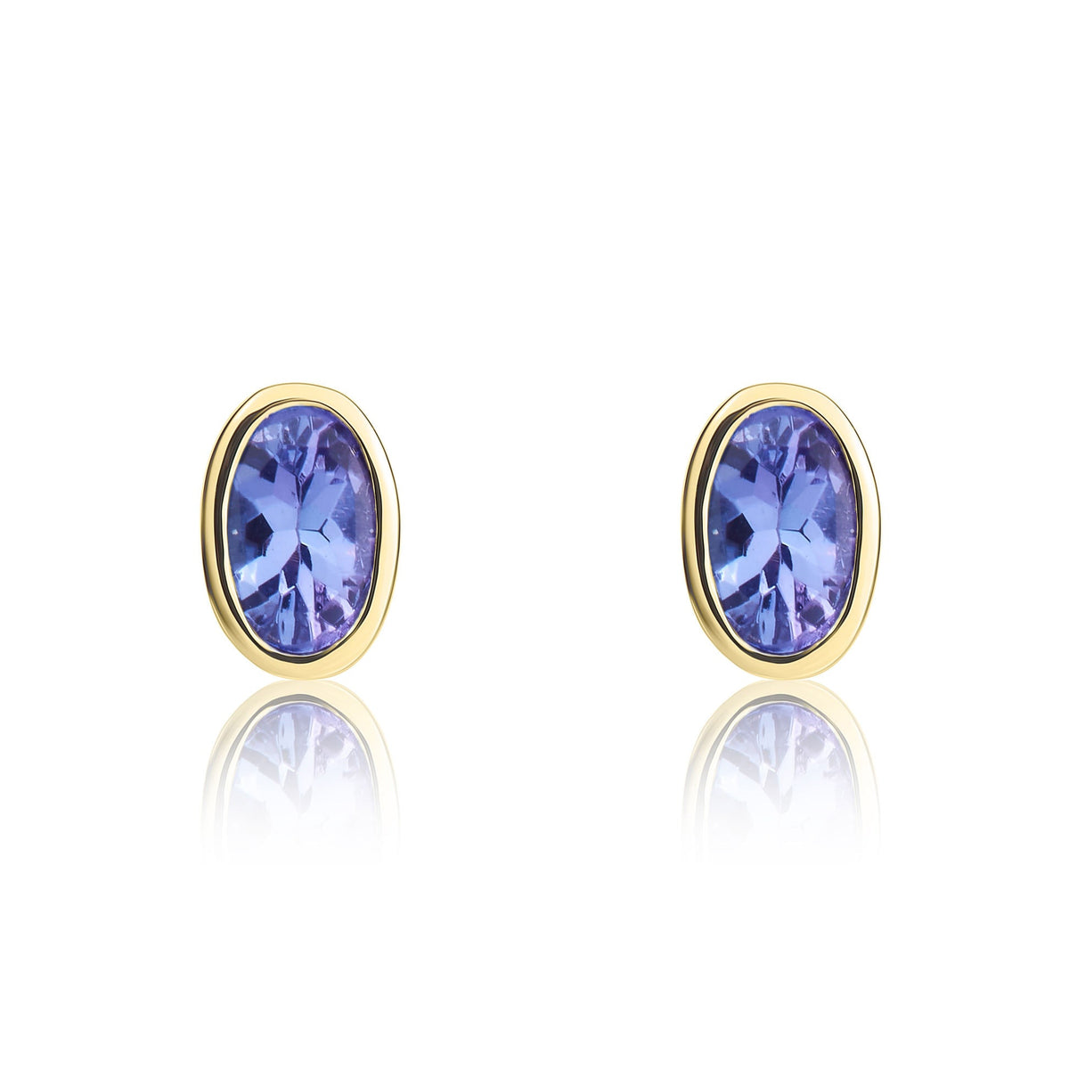 9ct Yellow Gold Oval Natural Tanzanite Rubover Stud Earrings — 4x3mm