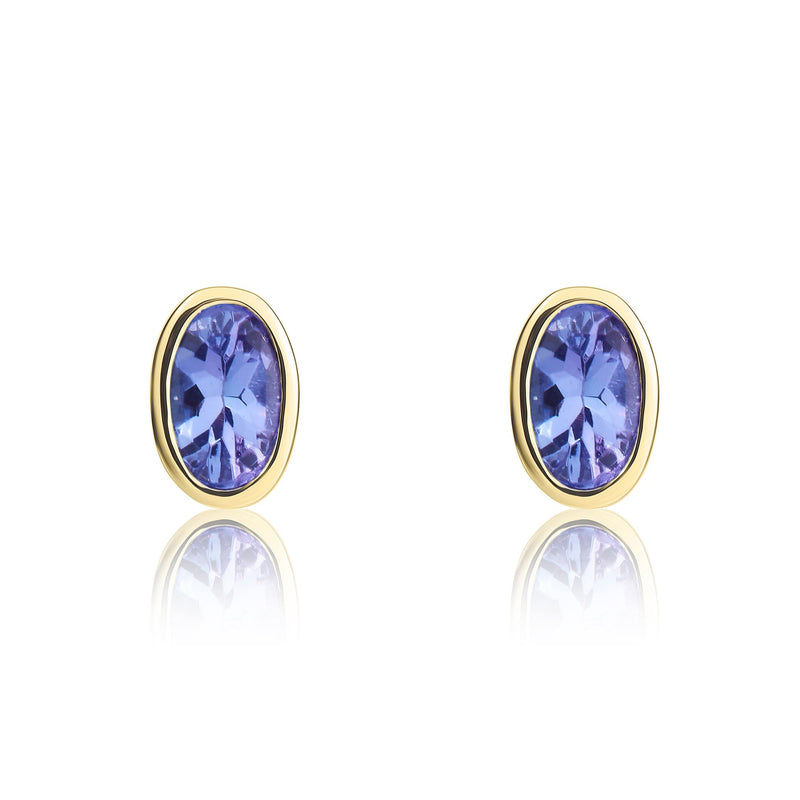 9ct Yellow Gold Oval Natural Tanzanite Rubover Stud Earrings — 4x3mm
