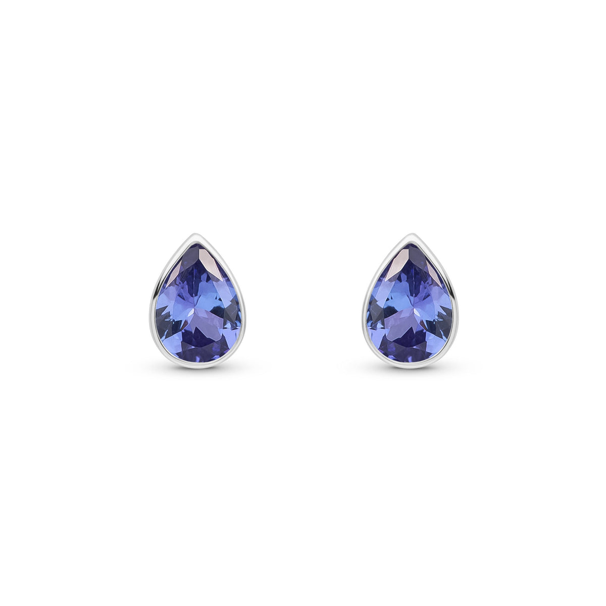 9ct White Gold Pear Shaped Natural Tanzanite Rubover Stud Earrings — 7x5mm