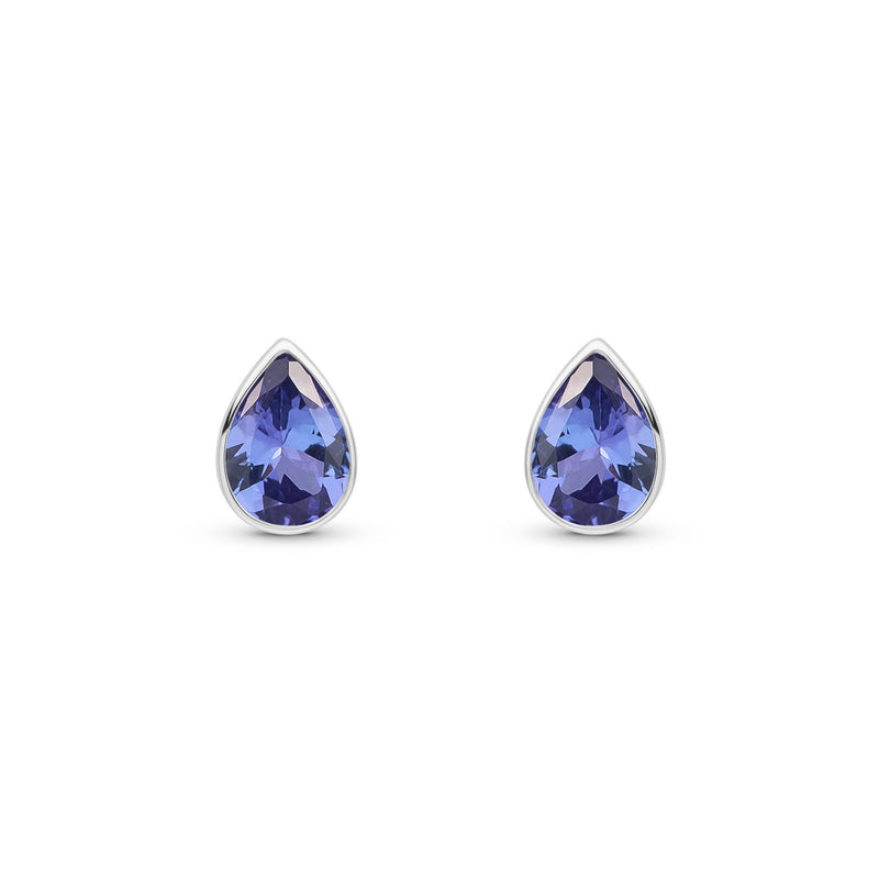 9ct White Gold Pear Shaped Natural Tanzanite Rubover Stud Earrings — 7x5mm
