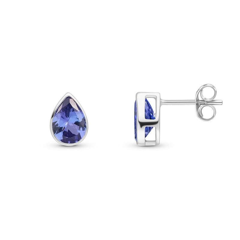 9ct White Gold Pear Shaped Natural Tanzanite Rubover Stud Earrings — 7x5mm