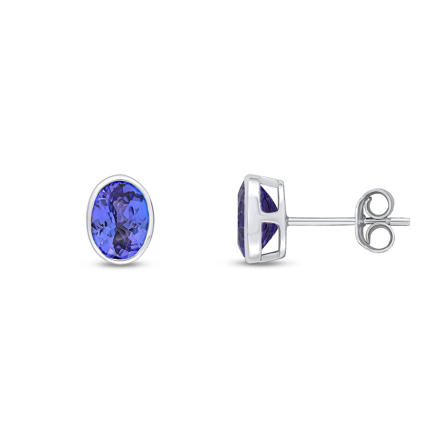 9ct White Gold Oval Natural Tanzanite Rubover Stud Earrings — 7x5mm