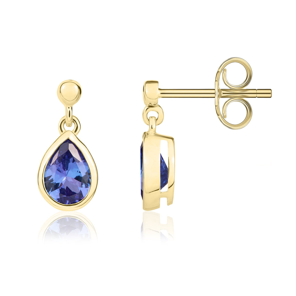 9ct Yellow Gold Pear Shaped Natural Tanzanite Rubover Drop Earrings with 2.5mm Bead Top — 6x4mm