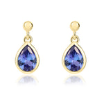 9ct Yellow Gold Pear Shaped Natural Tanzanite Rubover Drop Earrings with 2.5mm Bead Top — 6x4mm