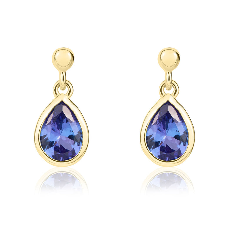 9ct Yellow Gold Pear Shaped Natural Tanzanite Rubover Drop Earrings with 2.5mm Bead Top — 6x4mm