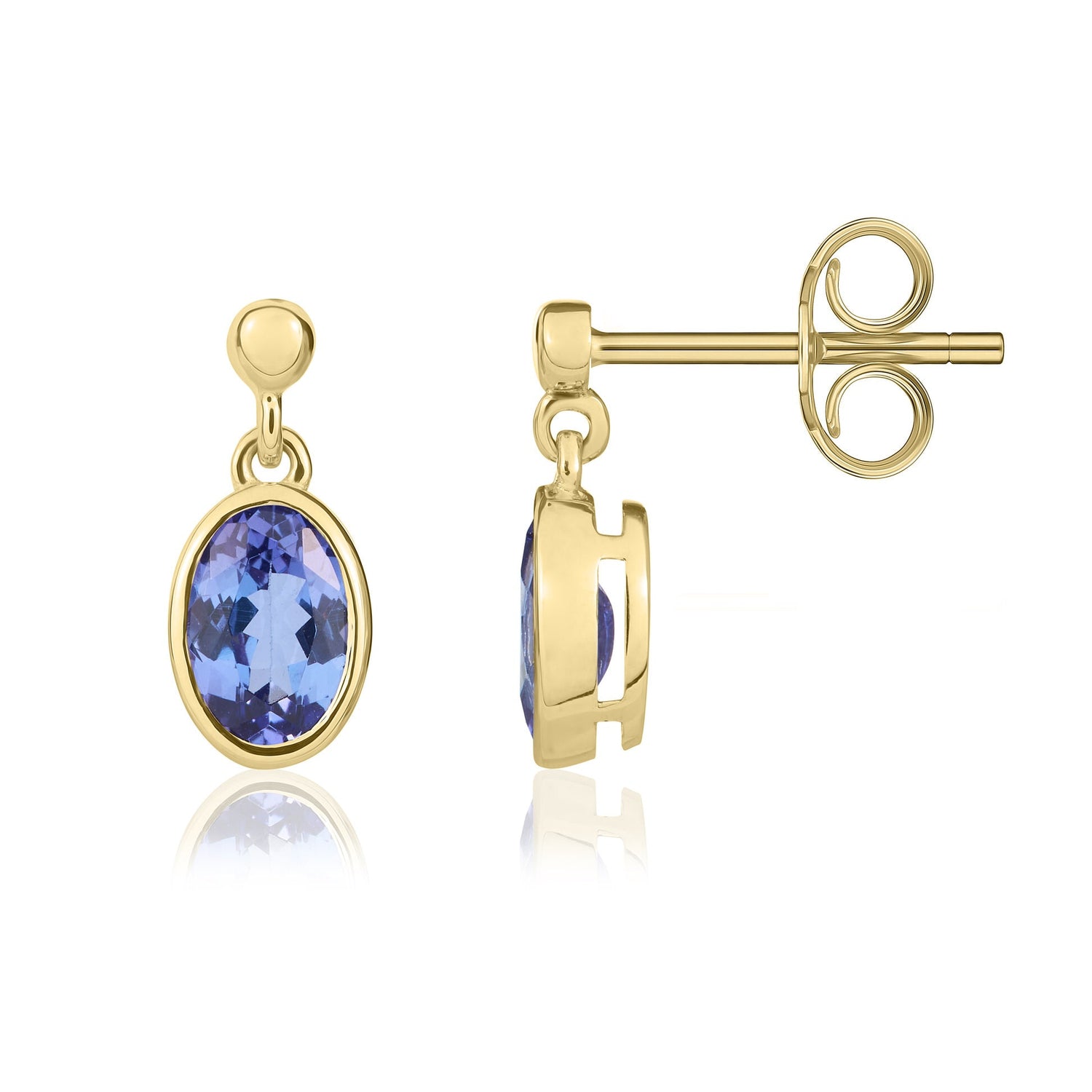 9ct Yellow Gold Oval Natural Tanzanite Drop Earrings — 6x4mm