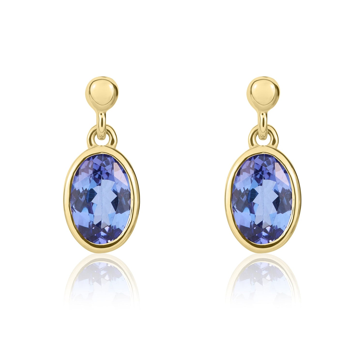 9ct Yellow Gold Oval Natural Tanzanite Drop Earrings — 6x4mm