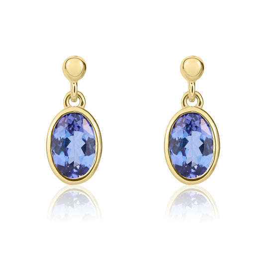 9ct Yellow Gold Oval Natural Tanzanite Drop Earrings — 6x4mm