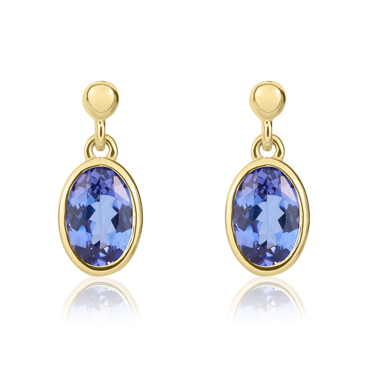 9ct Yellow Gold Oval Natural Tanzanite Rubover Drop Earrings with Bead Top — 7x5mm