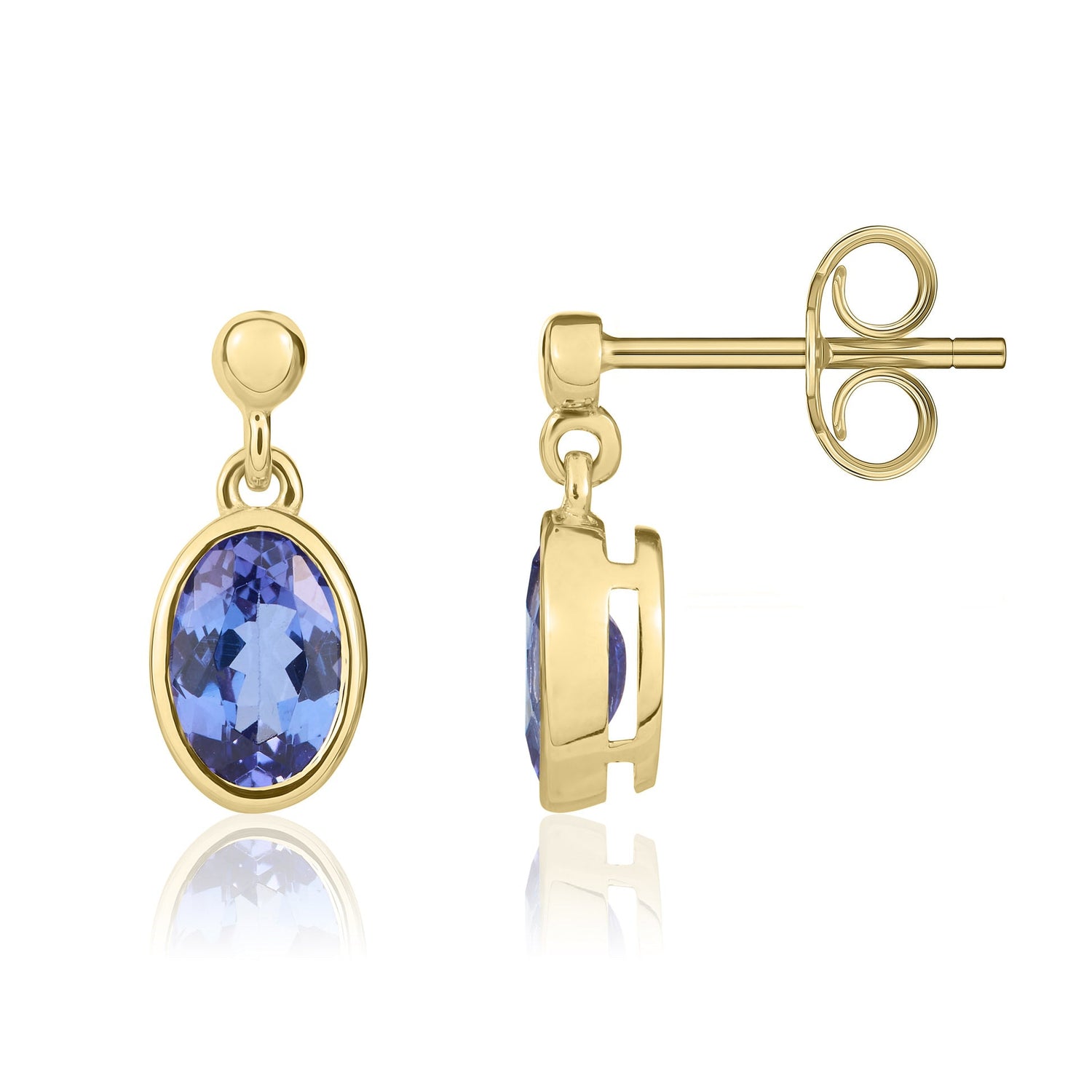 9ct Yellow Gold Oval Natural Tanzanite Rubover Drop Earrings with Bead Top — 7x5mm