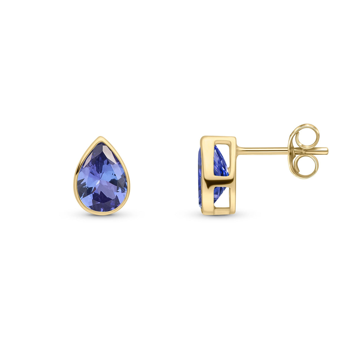 9ct Yellow Gold Pear Shaped Natural Tanzanite Rubover Stud Earrings — 7x5mm