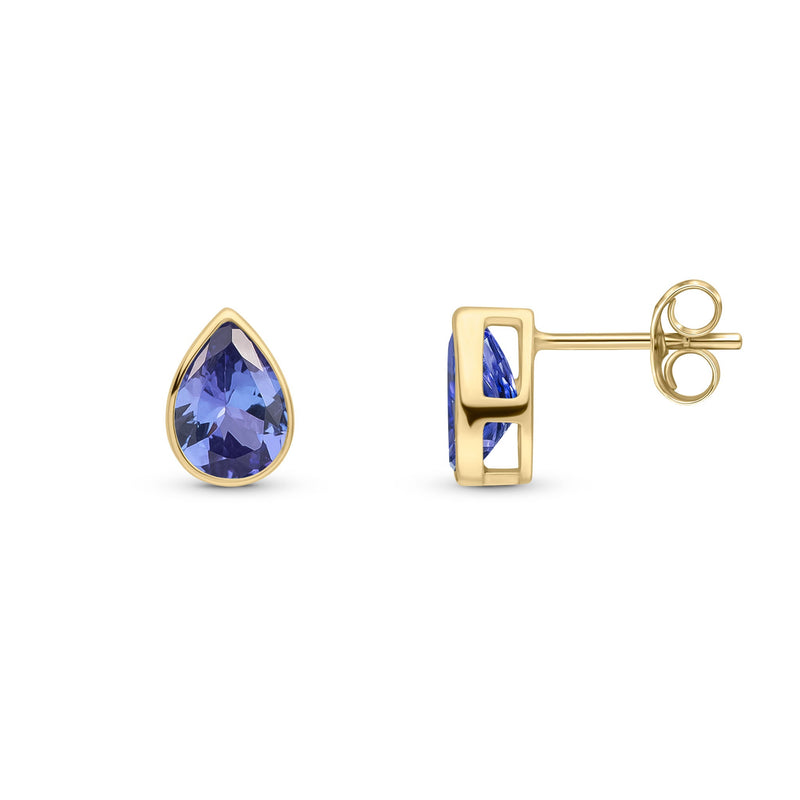 9ct Yellow Gold Pear Shaped Natural Tanzanite Rubover Stud Earrings — 7x5mm