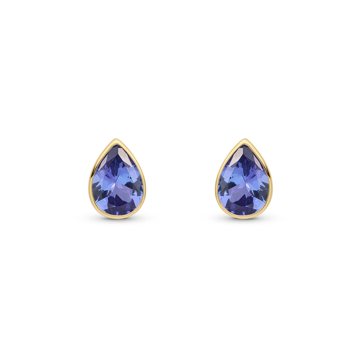 9ct Yellow Gold Pear Shaped Natural Tanzanite Rubover Stud Earrings — 7x5mm